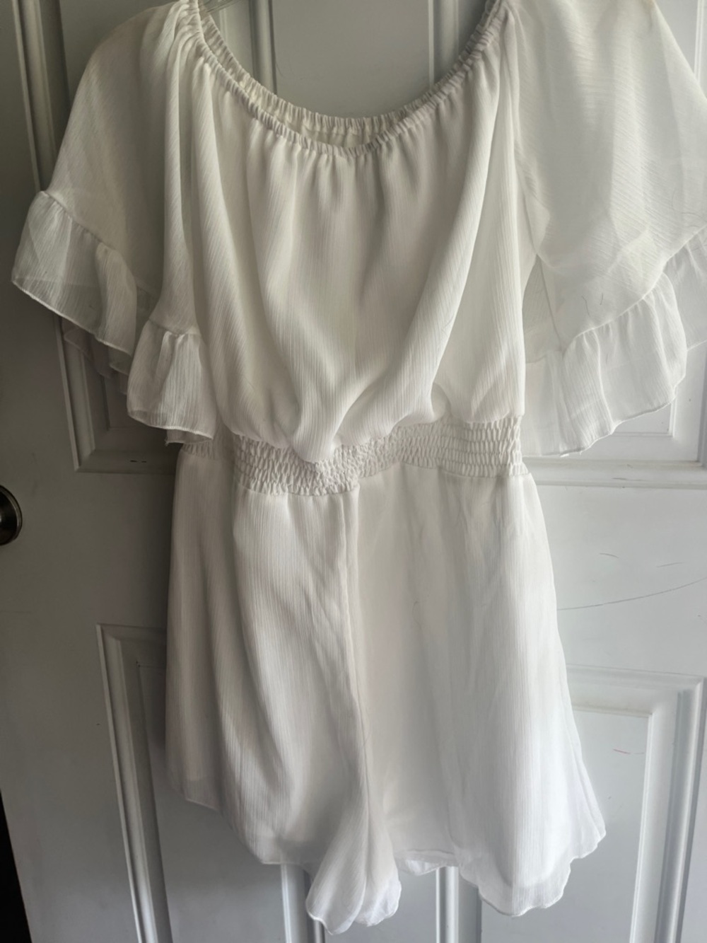 On or Off-Shoulder White crisp chiffon like layered Romper with built-in shorts - Picture 6 of 6